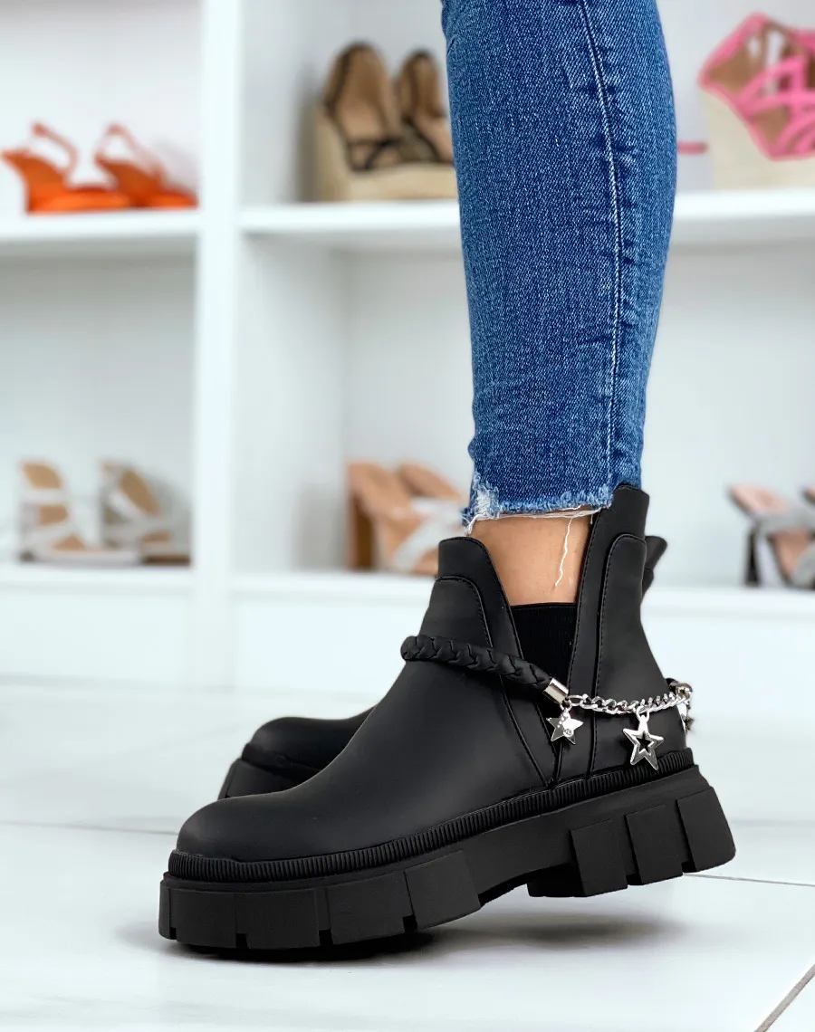 Bottines noires mattes à chaîne tressée et argentée à étoiles