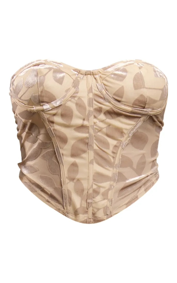 Corset taupe à fleurs dévorées et devant froncé