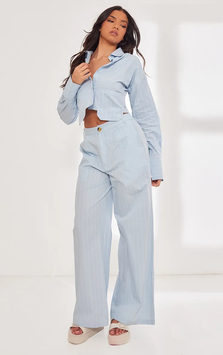 Pantalon de tailleur large en popeline bleu à rayures