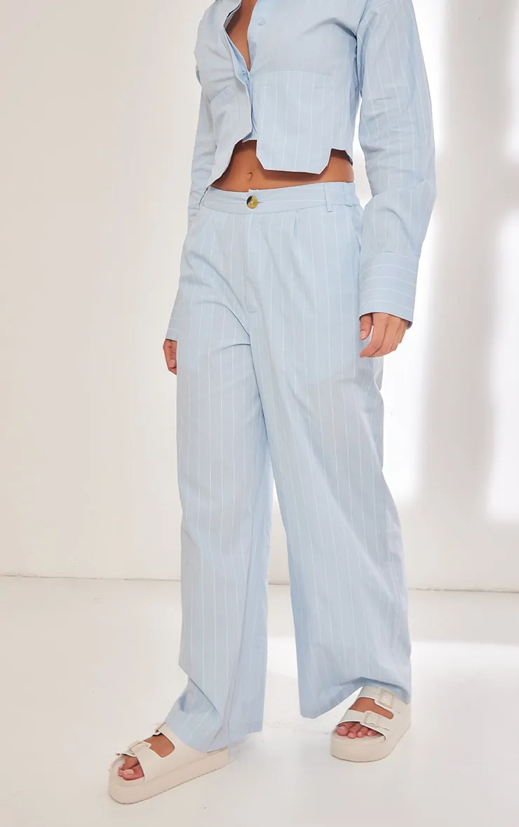 Pantalon de tailleur large en popeline bleu à rayures