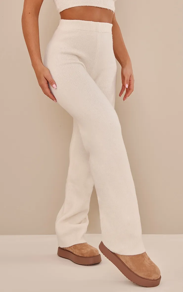 Pantalon en maille large blanc cassé brossé taille haute