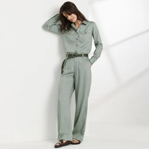 Pantalon Large à Pinces en Lyocell Tencel à Taille Haute, Femme Stature Standard