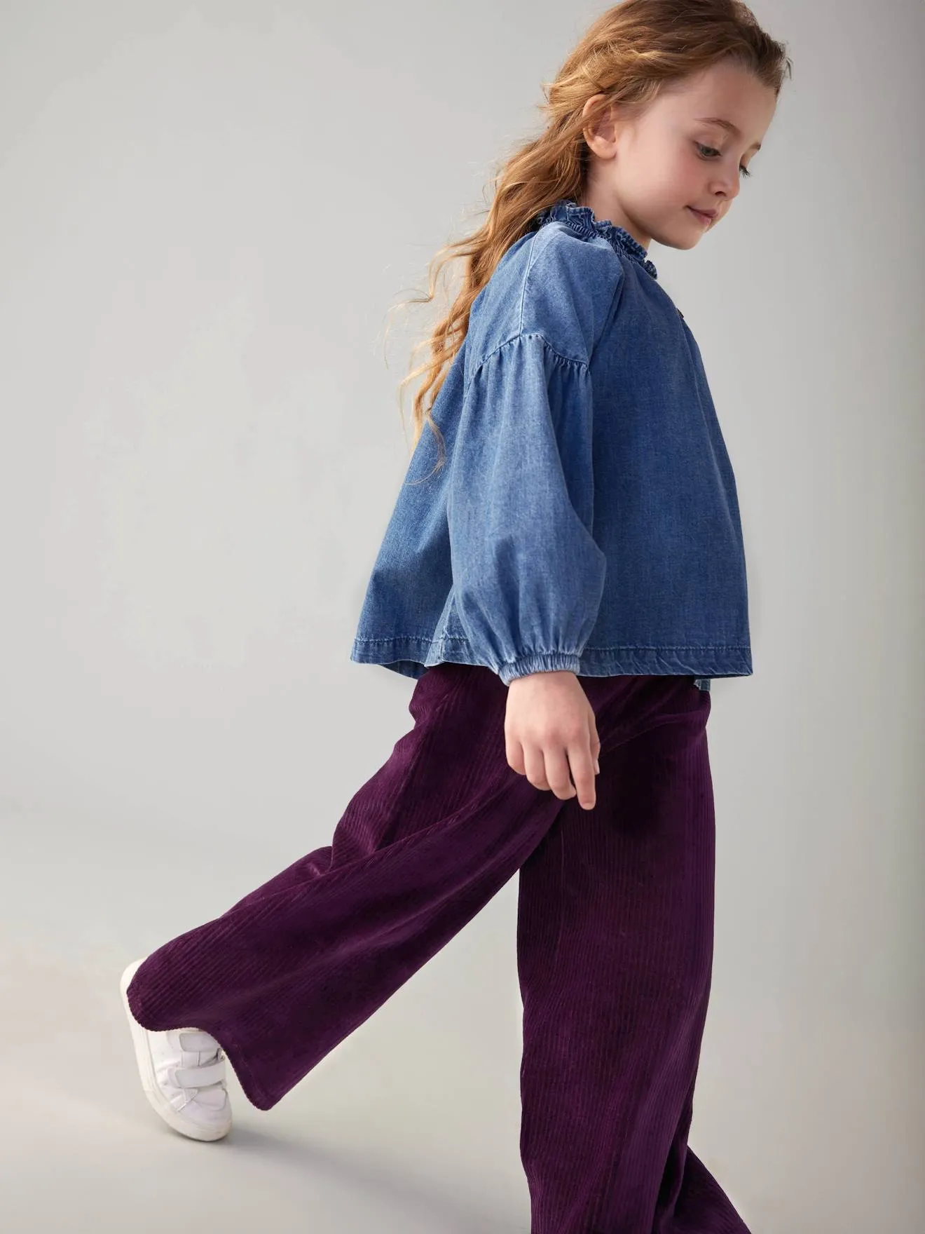 Pantalon large en velours fille prune - Vertbaudet