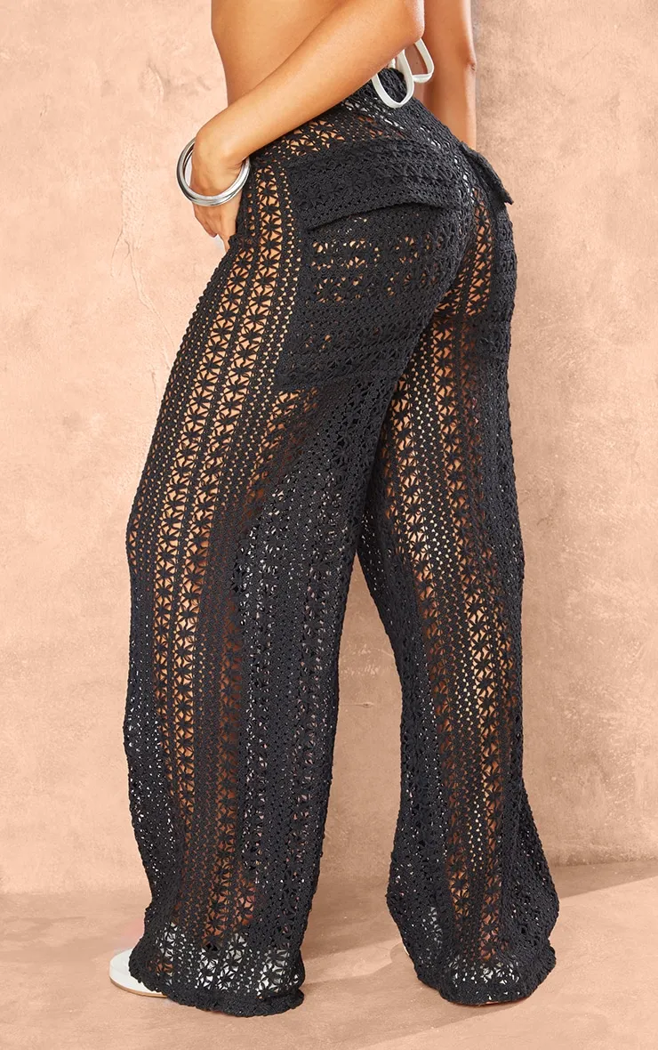 Petite Pantalon large en maille style crochet noire