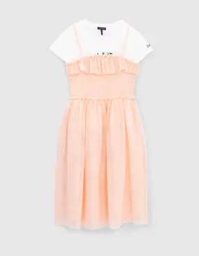 Robe 2 en 1 blush tulle smocké et T-shirt à message fille