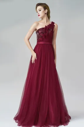 Robe asymétrique pour soirée mariage en tulle vin rouge