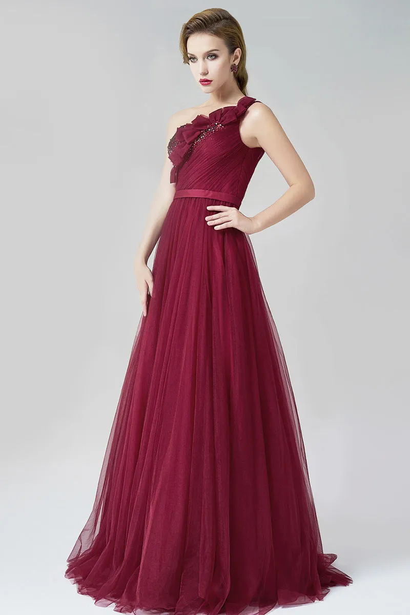 Robe asymétrique pour soirée mariage en tulle vin rouge