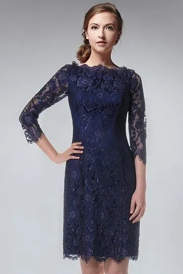 Robe cérémonie bleu marine pour mariage dentelle chic à manche