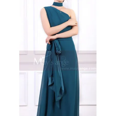 Robe Cérémonie Femme Longue  Bleu Pétrole Asymétrique Avec Sa Ceinture