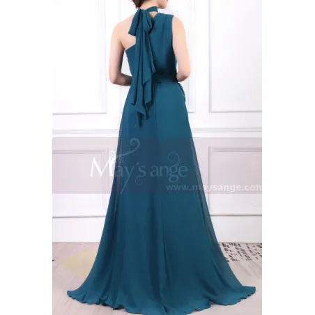 Robe Cérémonie Femme Longue  Bleu Pétrole Asymétrique Avec Sa Ceinture