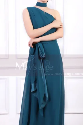 Robe Cérémonie Femme Longue  Bleu Pétrole Asymétrique Avec Sa Ceinture