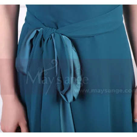 Robe Cérémonie Femme Longue  Bleu Pétrole Asymétrique Avec Sa Ceinture