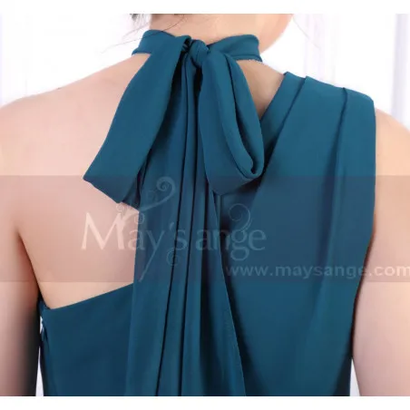 Robe Cérémonie Femme Longue  Bleu Pétrole Asymétrique Avec Sa Ceinture