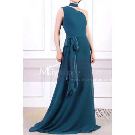 Robe Cérémonie Femme Longue  Bleu Pétrole Asymétrique Avec Sa Ceinture