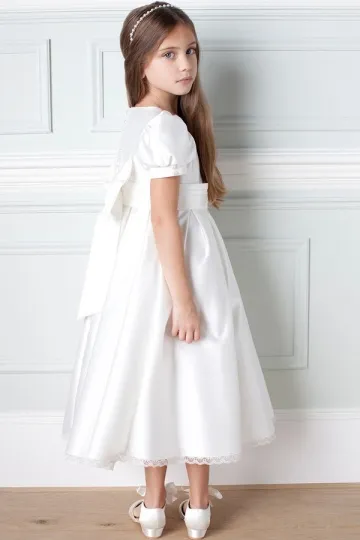 Robe cérémonie fille blanche à noeud papillon a dos manche courte