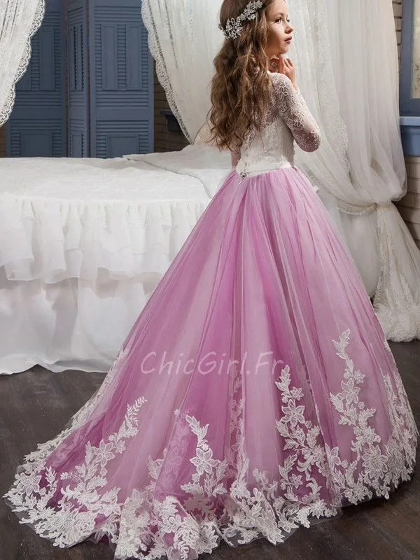 Robe Cérémonie Fille Dentelle Manche Longue Rose Tulle