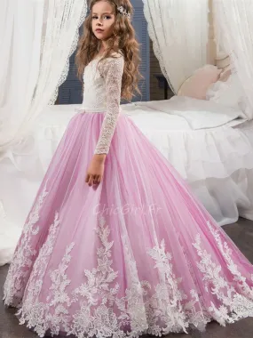 Robe Cérémonie Fille Dentelle Manche Longue Rose Tulle