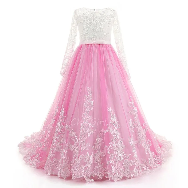 Robe Cérémonie Fille Dentelle Manche Longue Rose Tulle