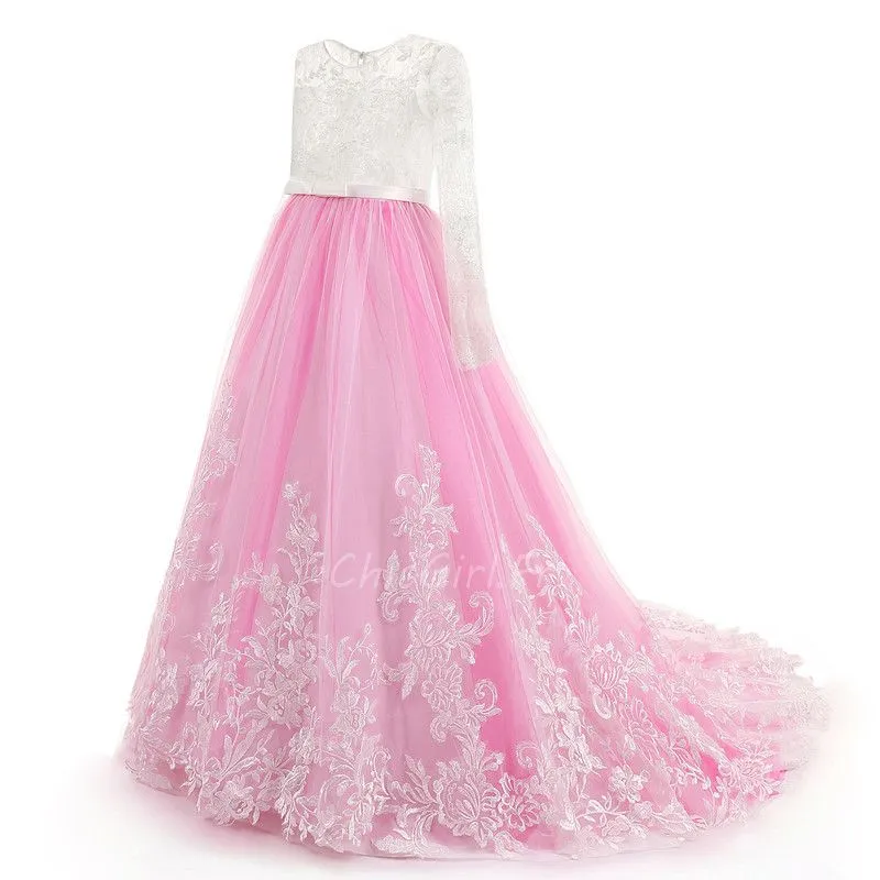 Robe Cérémonie Fille Dentelle Manche Longue Rose Tulle