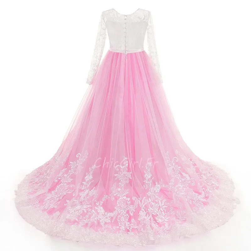 Robe Cérémonie Fille Dentelle Manche Longue Rose Tulle