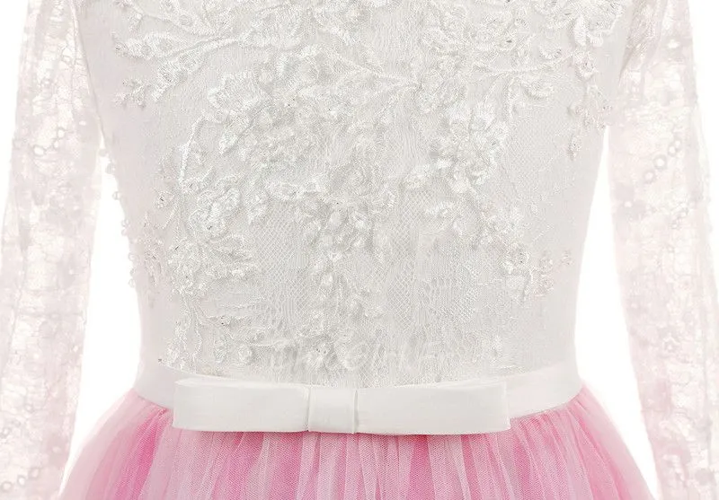 Robe Cérémonie Fille Dentelle Manche Longue Rose Tulle