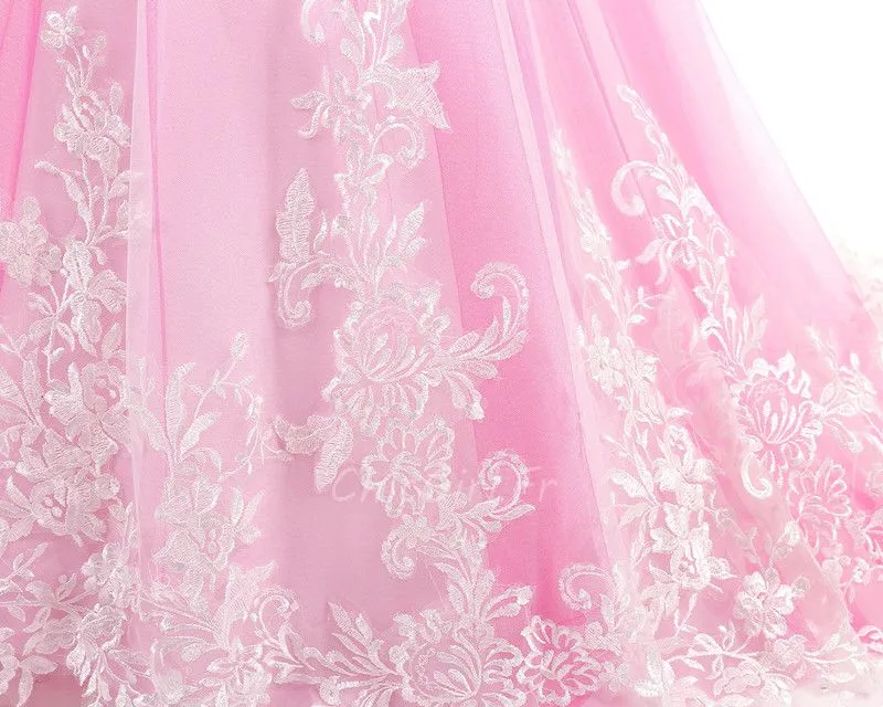 Robe Cérémonie Fille Dentelle Manche Longue Rose Tulle