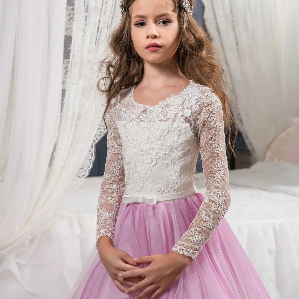 Robe Cérémonie Fille Dentelle Manche Longue Rose Tulle