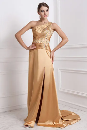 Robe de cérémonie champagne asymétrique à haut travaillé & bijouté - Robedesoireelongue.fr