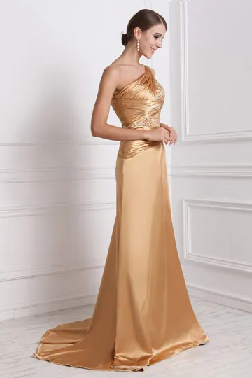 Robe de cérémonie champagne asymétrique à haut travaillé & bijouté - Robedesoireelongue.fr