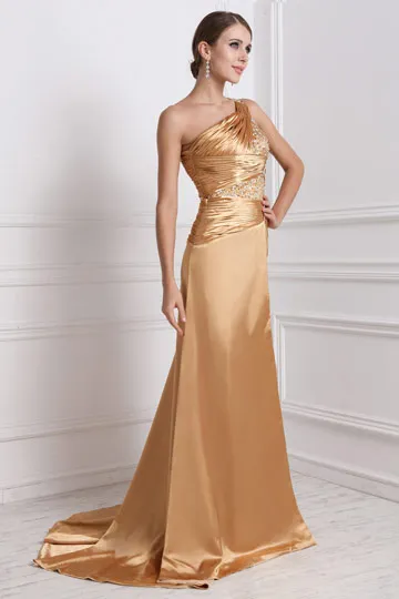 Robe de cérémonie champagne asymétrique à haut travaillé & bijouté - Robedesoireelongue.fr