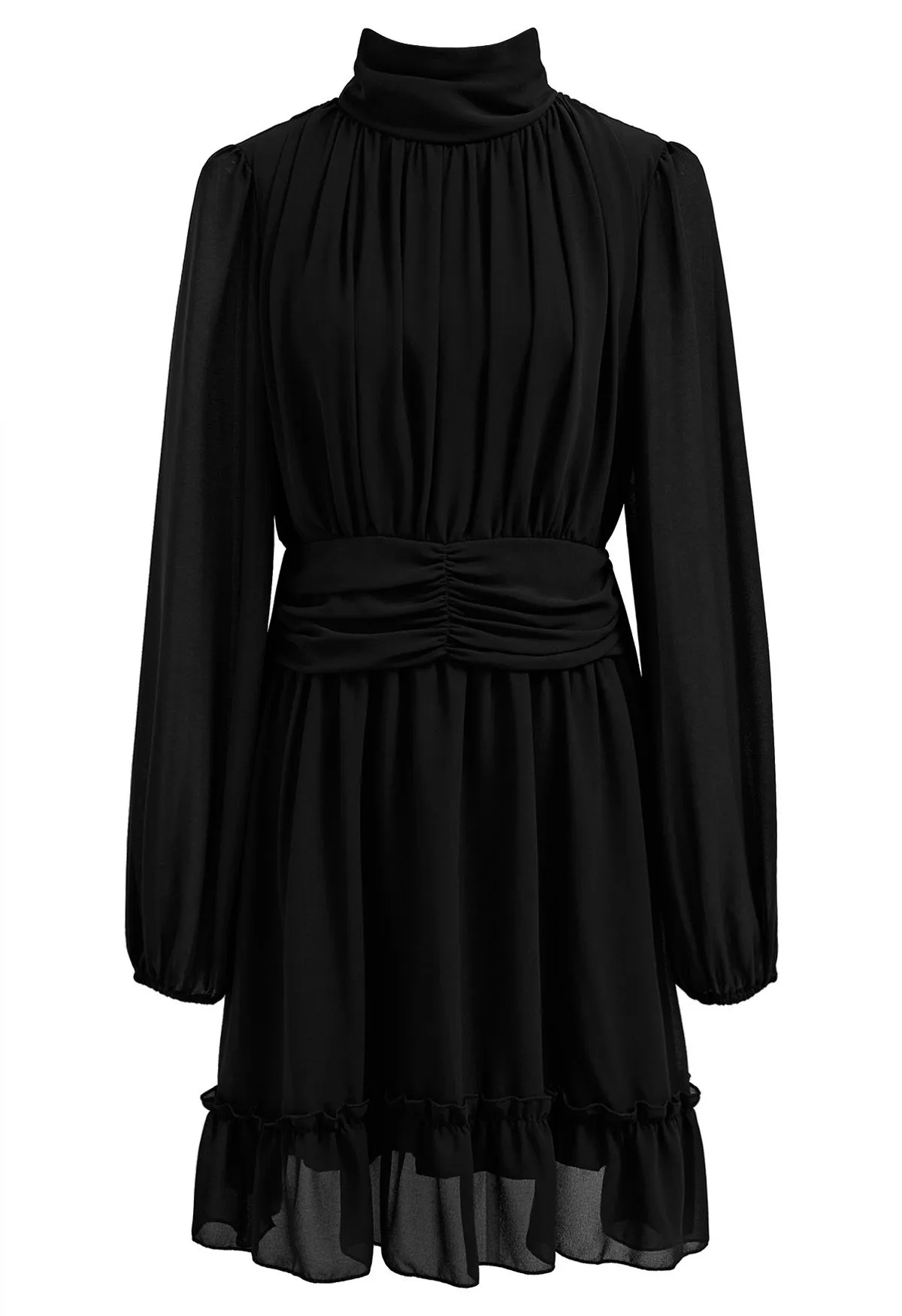 Robe en mousseline aérée à taille froncée et col montant en noir