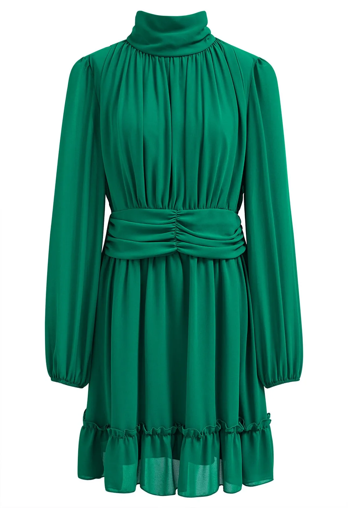 Robe en mousseline aérée à taille froncée et col montant en vert