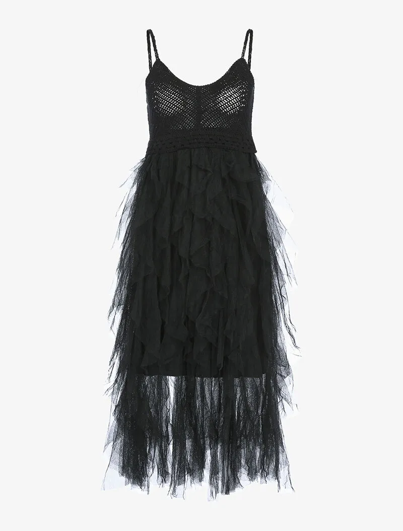 Robe en tulle volantée et crochet - noir