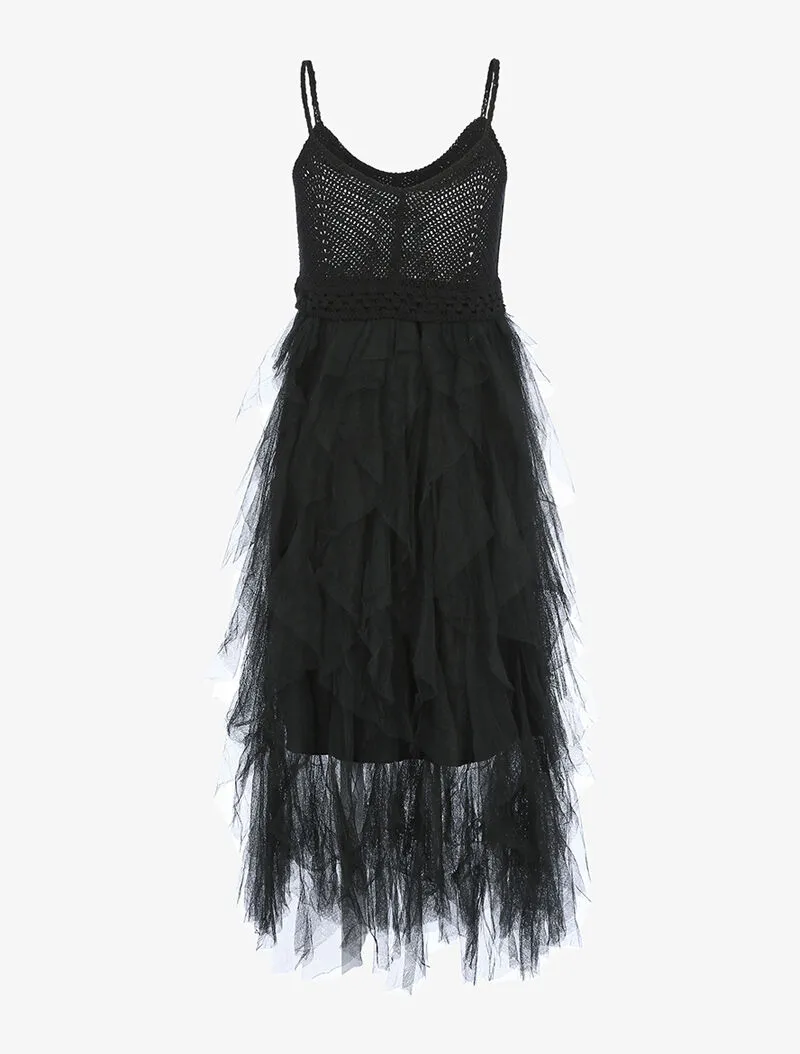 Robe en tulle volantée et crochet - noir