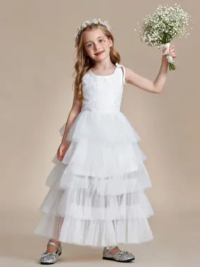 Robe Enfant d'Honneur en Tulle Multi-Couches avec Bretelles fines