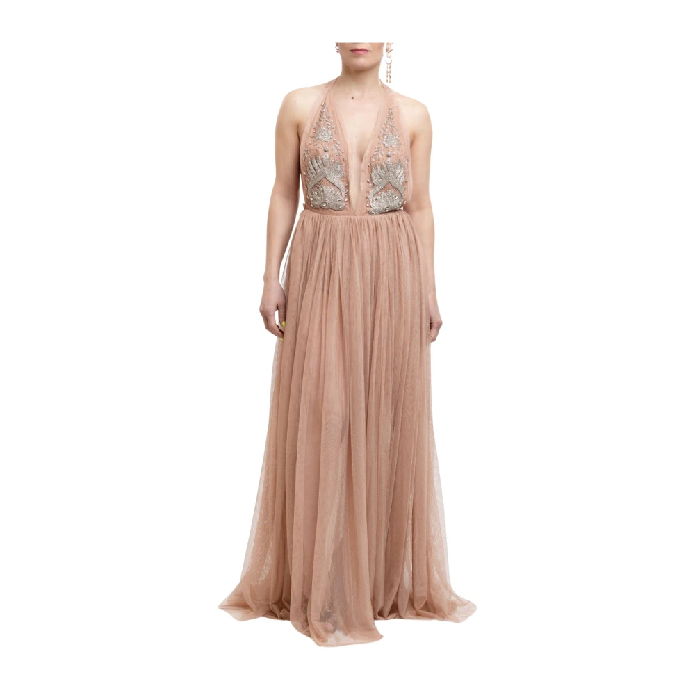 Robe Longue en Tulle Plissé avec Broderie