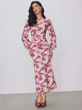 Robe longue froncée à fleurs