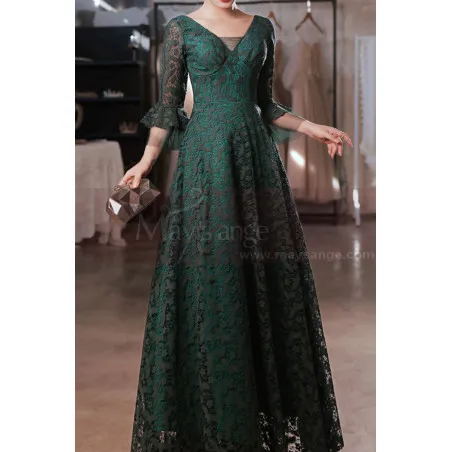 Robe longue pour cérémonie en dentelle couleur vert éméraude avec manches mi longues stylées