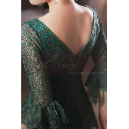 Robe longue pour cérémonie en dentelle couleur vert éméraude avec manches mi longues stylées