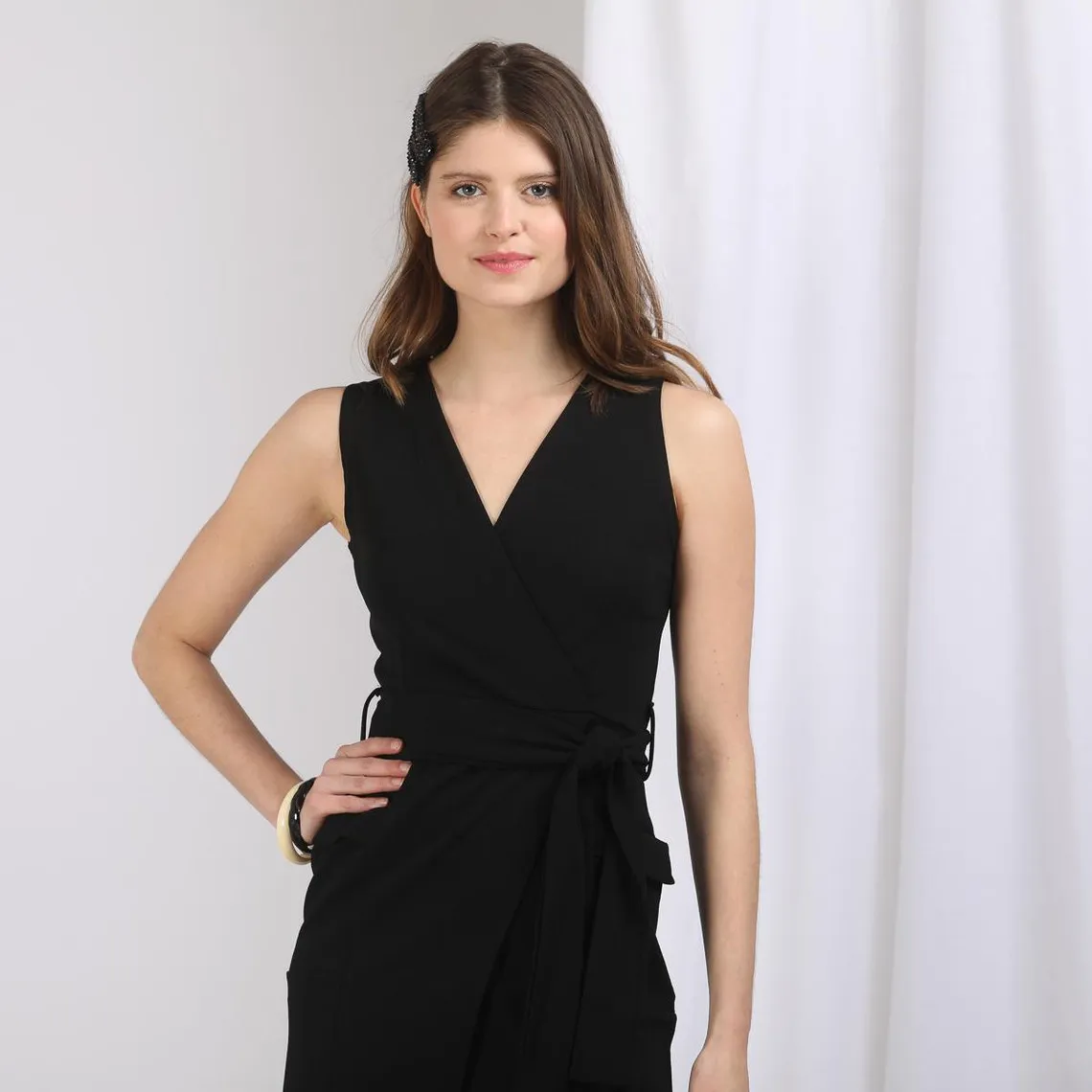 Robe portefeuille ceinturée unie noir | 3 Suisses