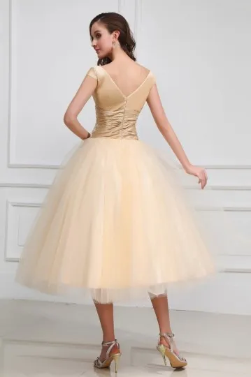 Robe pour fiançailles au mollet champagne col V en tulle à mancheron