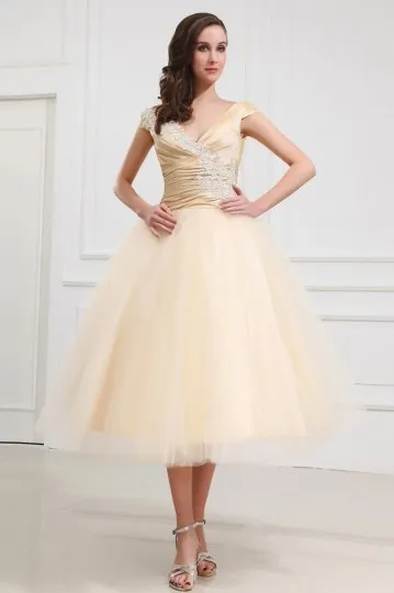 Robe pour fiançailles au mollet champagne col V en tulle à mancheron