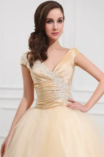 Robe pour fiançailles au mollet champagne col V en tulle à mancheron