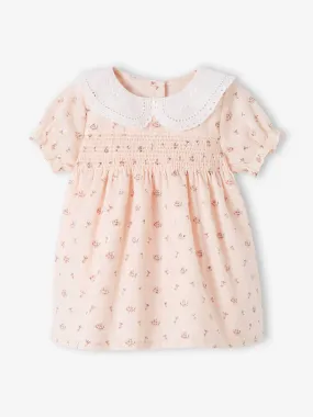 Robe à smocks cérémonie naissance col en broderie anglaise rose pâle - Vertbaudet