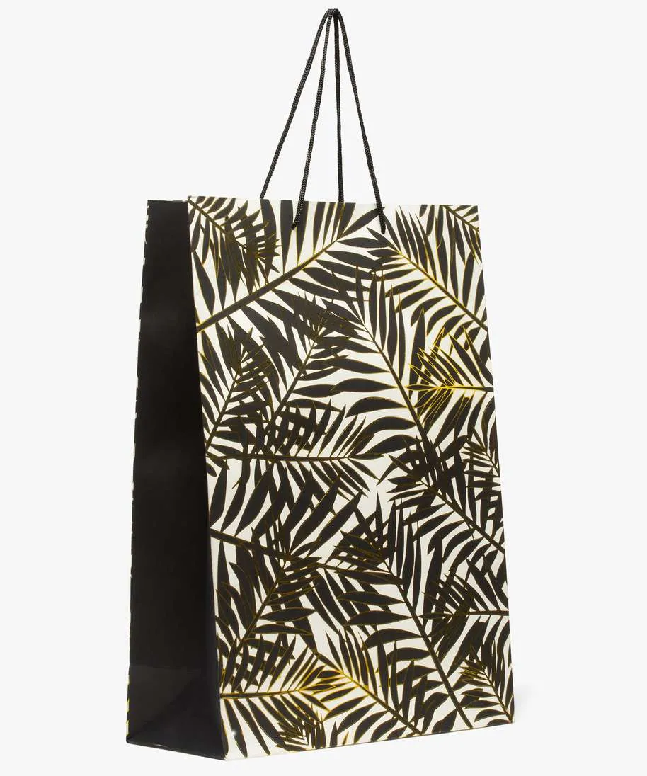 sac cadeau en papier imprime recycle feuillage dore noir