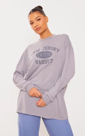 T-shirt oversize gris anthracite à slogan New Jersey et manches longues