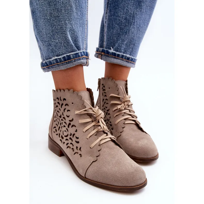 Zazoo 2871 Bottines à lacets ajourées pour femme, Beige